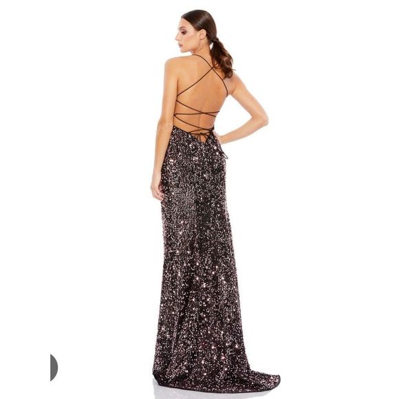 Mac Duggal Dresses Ieena for Mac Duggal Stretch Sequined Open Back Lace Up Gown - Picture 2 of 5